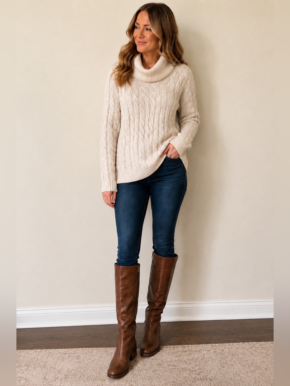 Tahari Cream Cable Knit Cowl Neck Sweater Cotton Blend Women’s Size Small